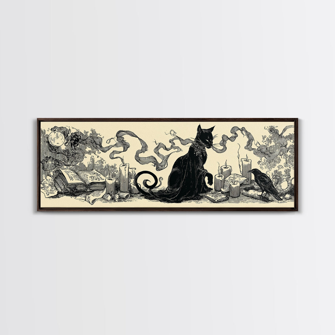 The Black Cat Familiar, Decadent Line Art, Extra Wide Wall Art, Dark Fantasy Wall Art, Framed Canvas Print, Halloween Wall Art