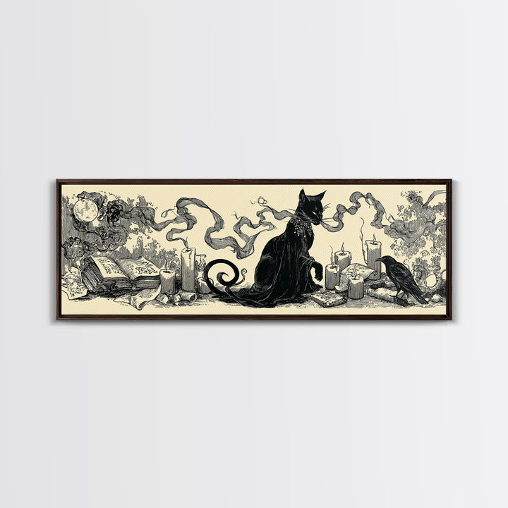 The Black Cat Familiar, Decadent Line Art, Extra Wide Wall Art, Dark Fantasy Wall Art, Framed Canvas Print, Halloween Wall Art