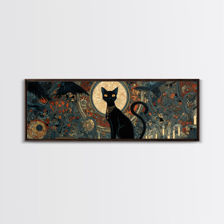 The Black Cat Familiar, Stained Glass Gothic Art, Extra Wide Wall Art, Dark Fantasy Wall Art, Framed Canvas Print, Halloween Wall Art