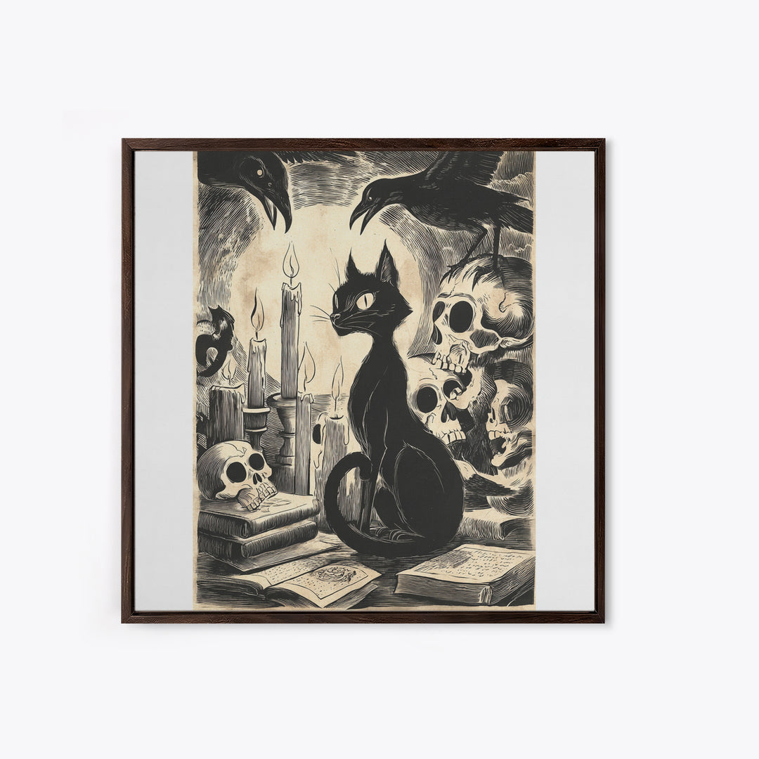 The Black Cat Familiar, Macabre Folk Print Art, Square Wall Art, Macabre Wall Art, Framed Canvas Print, Halloween Wall Art