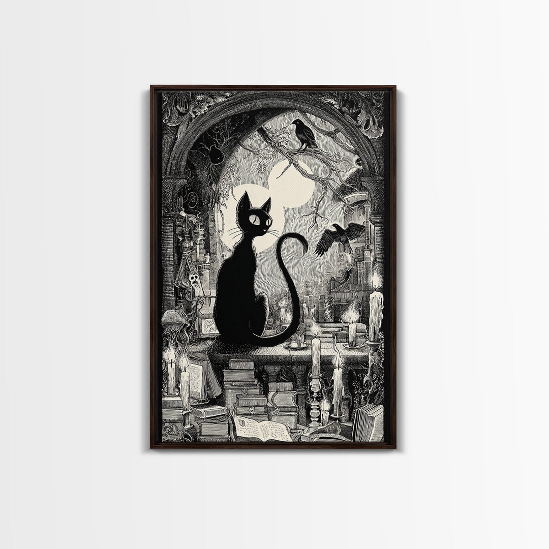 The Black Cat Familiar, Victorian Macabre Art, Vertical Wall Art, Dark Fantasy Wall Art, Framed Canvas Print, Halloween Wall Art