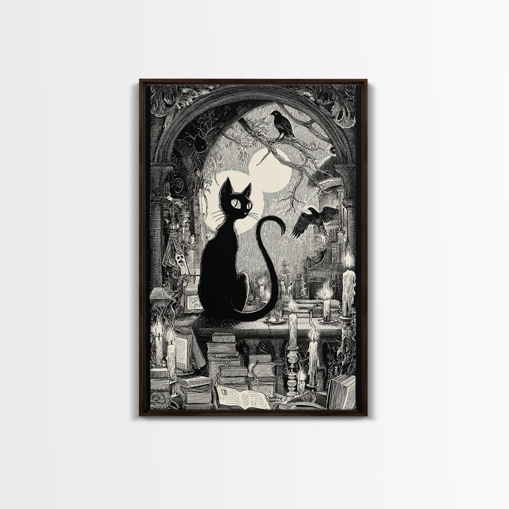 The Black Cat Familiar, Victorian Macabre Art, Vertical Wall Art, Dark Fantasy Wall Art, Framed Canvas Print, Halloween Wall Art