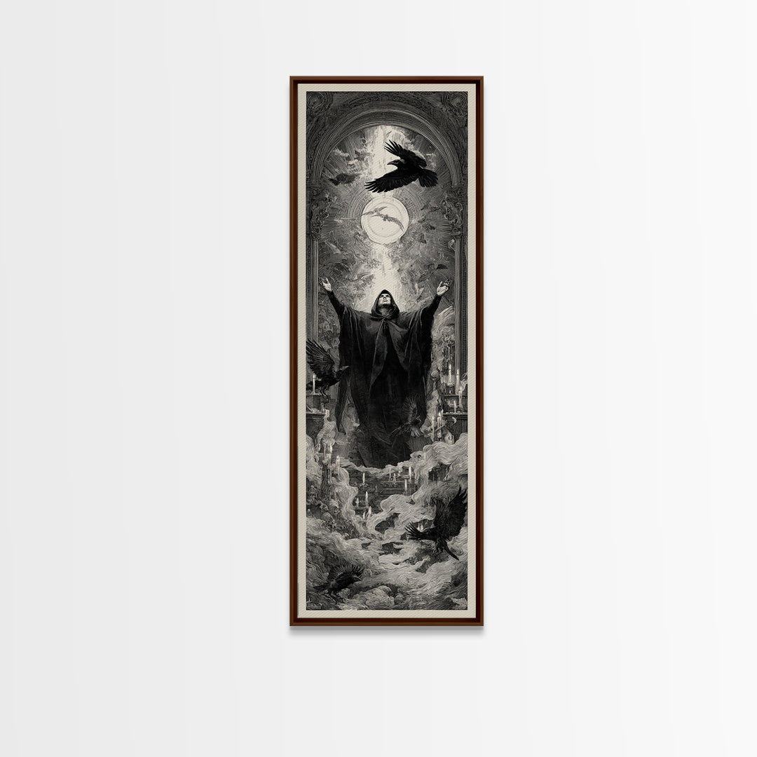 The Raven Keeper, Gothic Engraving Art, Tall Narrow Wall Art, Gothic Horror Wall Art, Canvas Print, Halloween Wall Art
