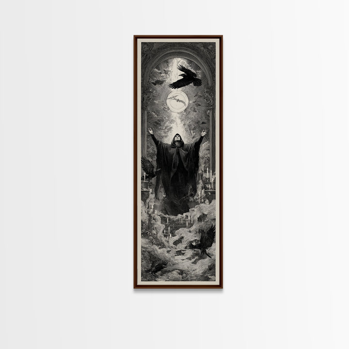 The Raven Keeper, Gothic Engraving Art, Tall Narrow Wall Art, Gothic Horror Wall Art, Canvas Print, Halloween Wall Art