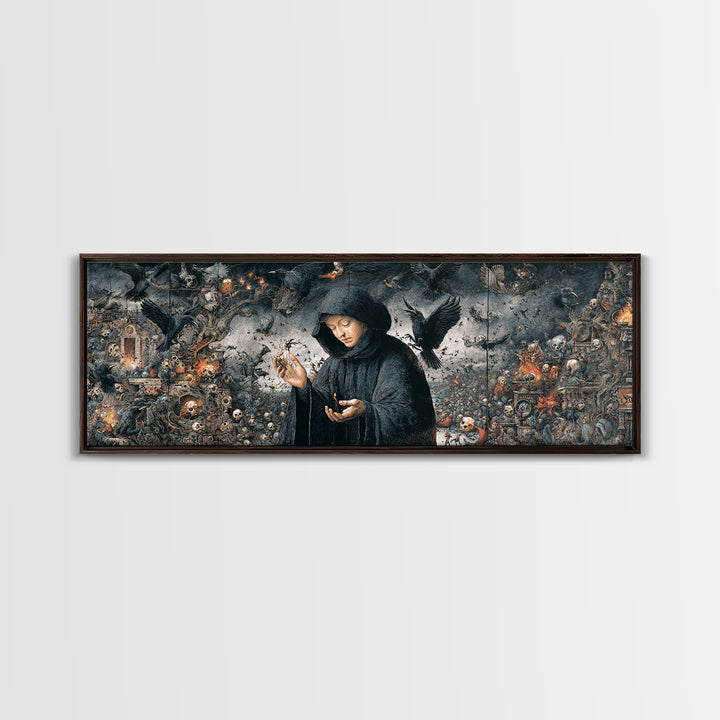 The Raven Keeper, Medieval Grotesque Art, Extra Wide Wall Art, Gothic Horror Wall Art, Framed Canvas Print, Halloween Wall Art