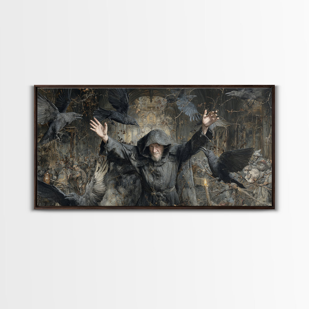 The Raven Keeper, Northern Renaissance Horror, Wide Panoramic Art, Dark Fantasy Wall Art, Canvas Print, Halloween Wall Art