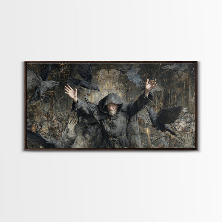 The Raven Keeper, Northern Renaissance Horror, Wide Panoramic Art, Dark Fantasy Wall Art, Canvas Print, Halloween Wall Art