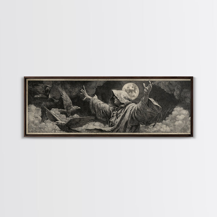 The Raven Keeper, Renaissance Engraving Art, Extra Wide Wall Art, Dark Halloween Decor, Framed Canvas Print, Halloween Wall Art