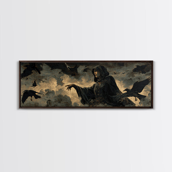 The Raven Keeper, Visionary Gothic Art, Extra Wide Wall Art, Macabre Wall Art, Canvas Print, Halloween Wall Art, Statement Wall Art