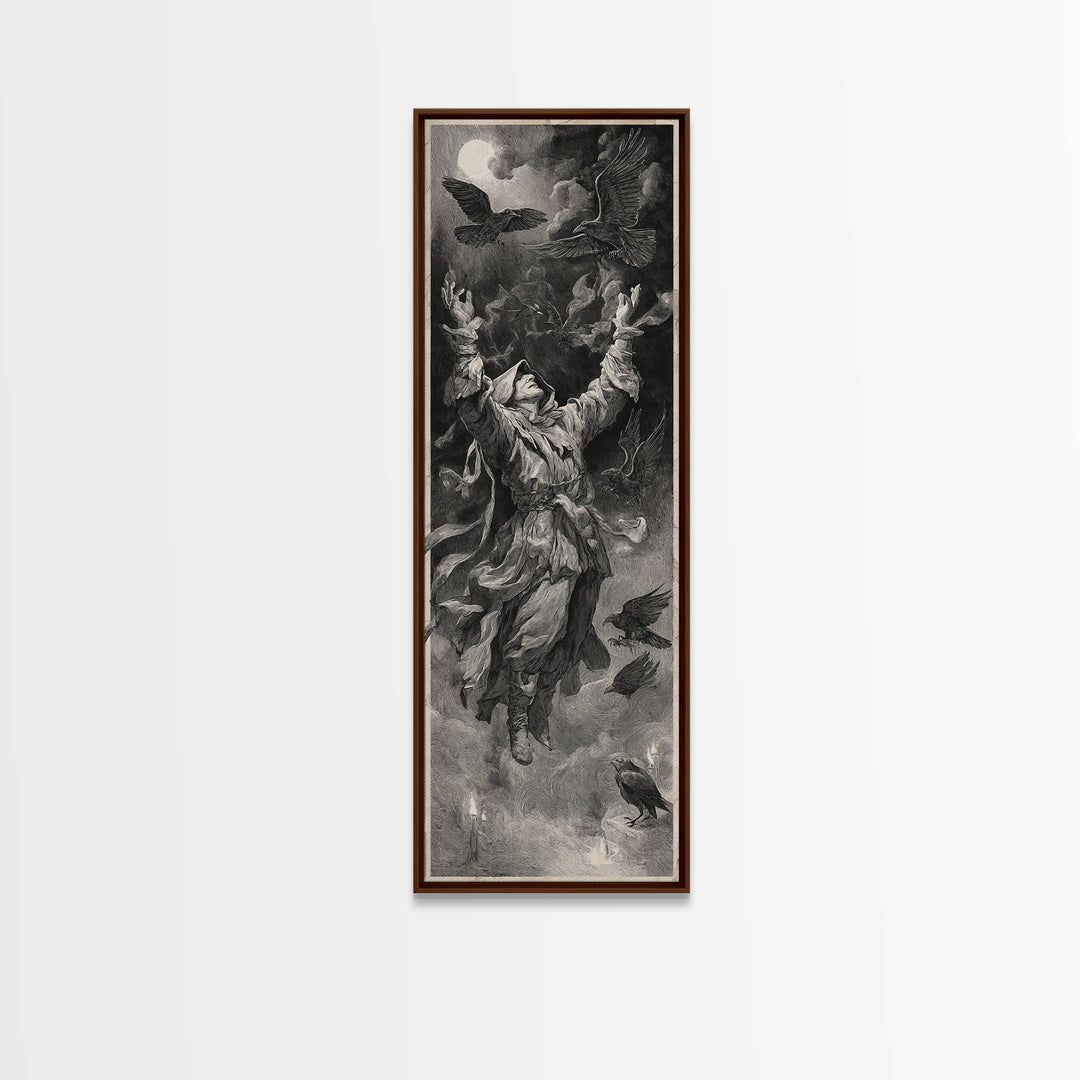 The Raven Keeper, Architectural Etching Art, Tall Narrow Wall Art, Dark Fantasy Wall Art, Canvas Print, Halloween Wall Art