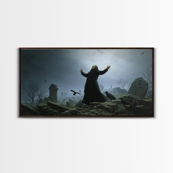The Raven Keeper, Romantic Gothic Landscape, Wide Panoramic Art, Dark Halloween Decor, Framed Canvas Print, Halloween Wall Art