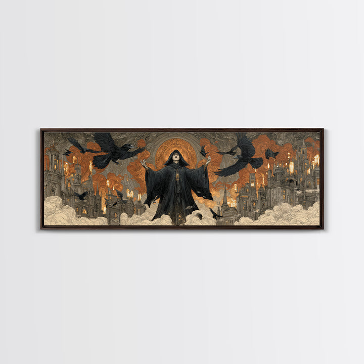 The Raven Keeper, Apocalyptic Romantic Art, Extra Wide Wall Art, Gothic Horror Wall Art, Canvas Print, Halloween Wall Art