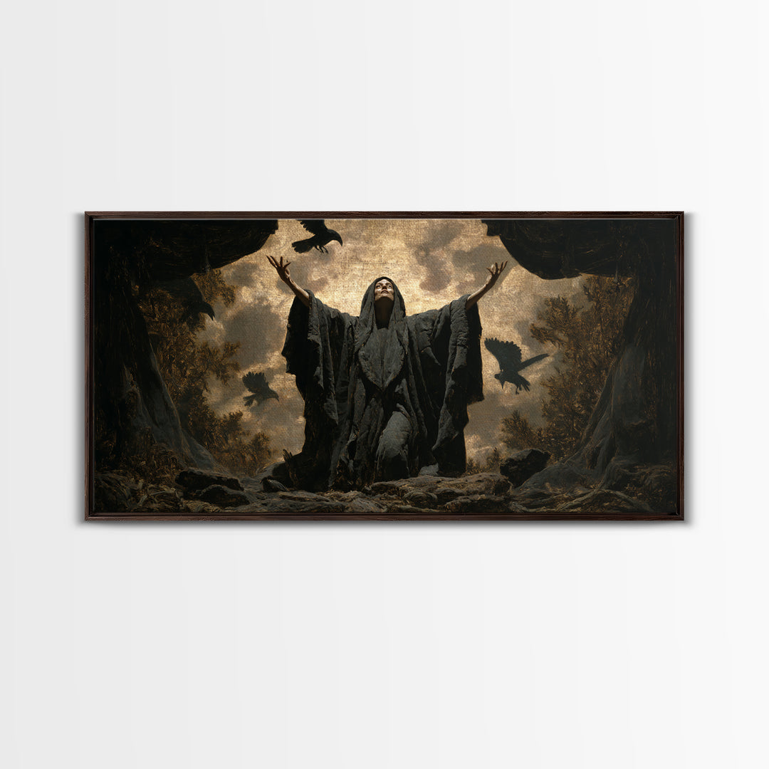 The Raven Keeper, Symbolist Gothic Landscape, Wide Panoramic Art, Dark Halloween Decor, Framed Canvas Print, Halloween Wall Art