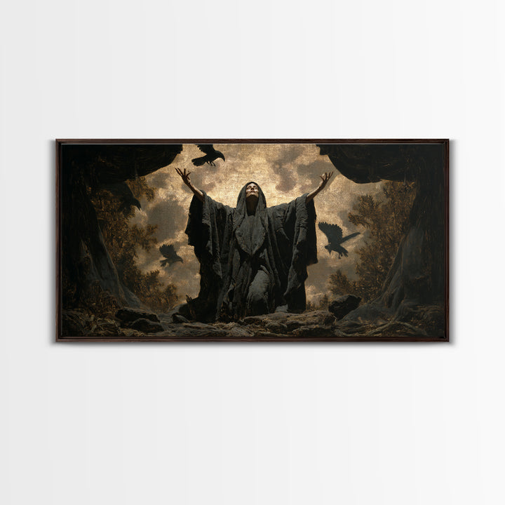 The Raven Keeper, Symbolist Gothic Landscape, Wide Panoramic Art, Dark Halloween Decor, Framed Canvas Print, Halloween Wall Art