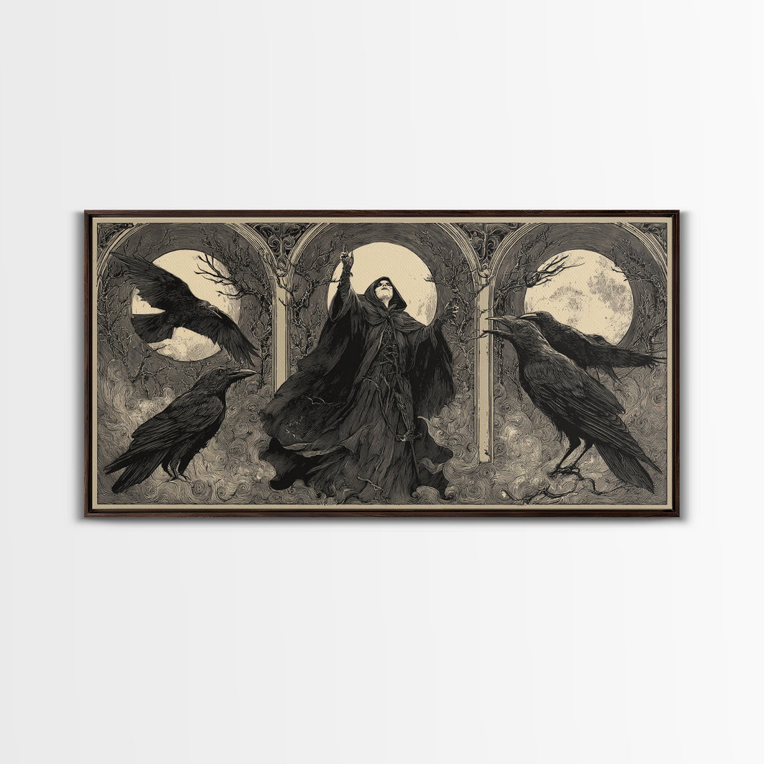 The Raven Keeper, Expressionist Nightmare Art, Wide Panoramic Art, Dark Halloween Decor, Framed Canvas Print, Halloween Wall Art