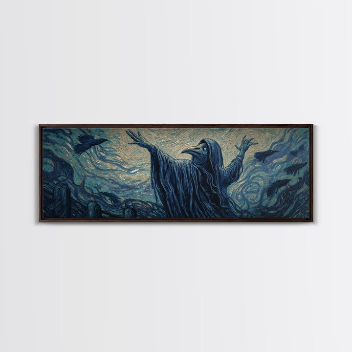 The Raven Keeper, Expressionist Gothic Art, Extra Wide Wall Art, Dark Fantasy Wall Art, Canvas Print, Halloween Wall Art