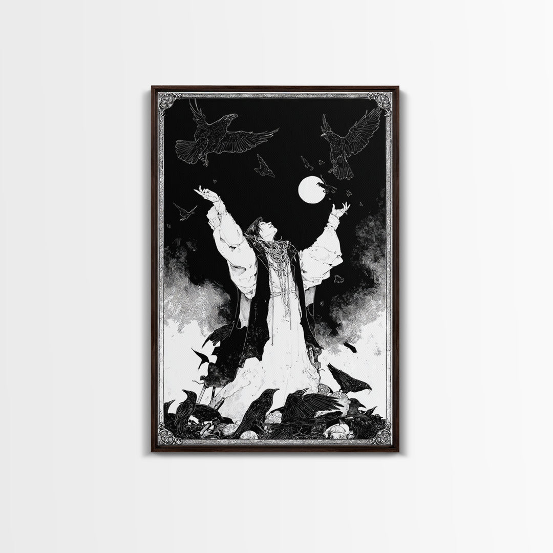 The Raven Keeper, Decadent Line Art, Vertical Wall Art, Macabre Wall Art, Canvas Print, Halloween Wall Art, Halloween Decor