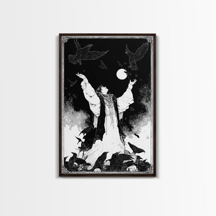 The Raven Keeper, Decadent Line Art, Vertical Wall Art, Macabre Wall Art, Canvas Print, Halloween Wall Art, Halloween Decor