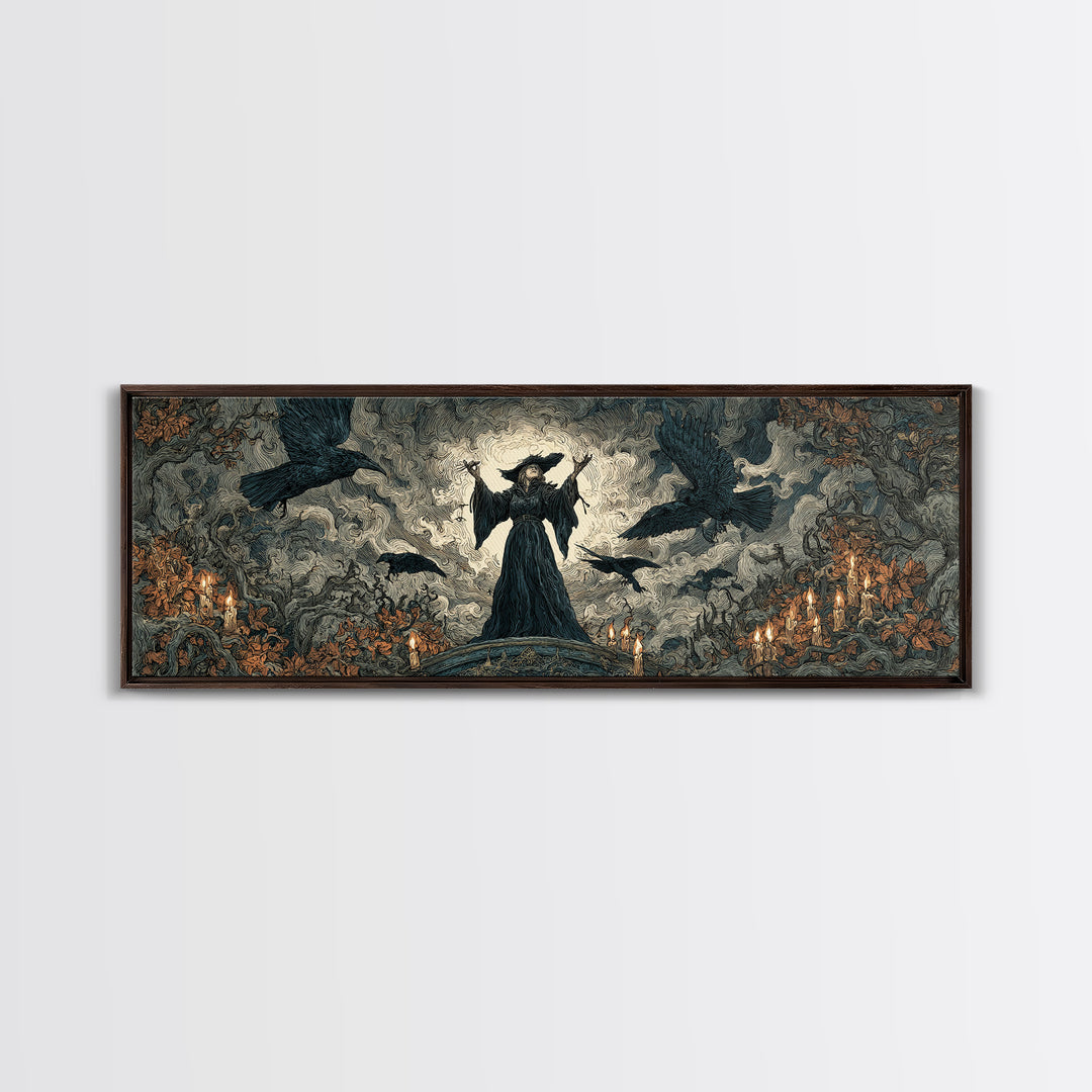 The Raven Keeper, Gothic Storybook Art, Extra Wide Wall Art, Gothic Horror Wall Art, Framed Canvas Print, Halloween Wall Art