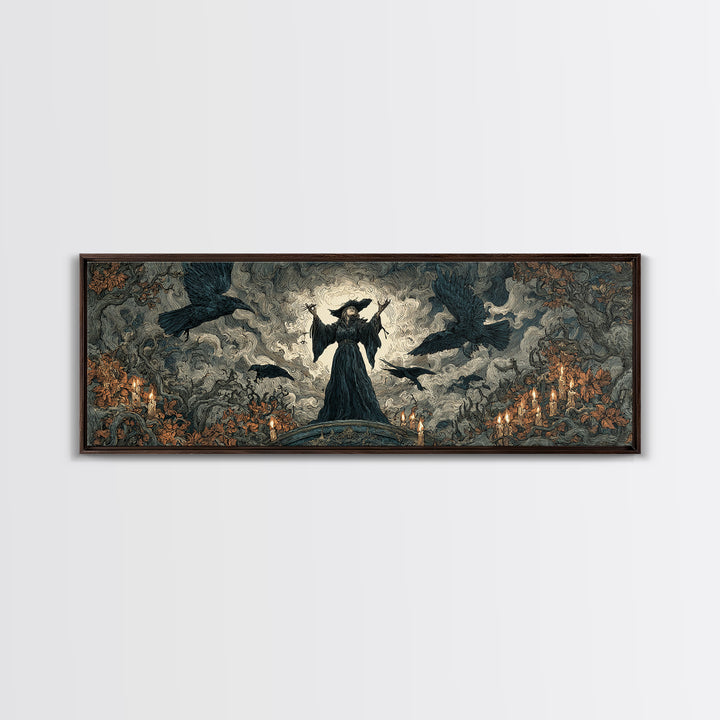 The Raven Keeper, Gothic Storybook Art, Extra Wide Wall Art, Gothic Horror Wall Art, Framed Canvas Print, Halloween Wall Art