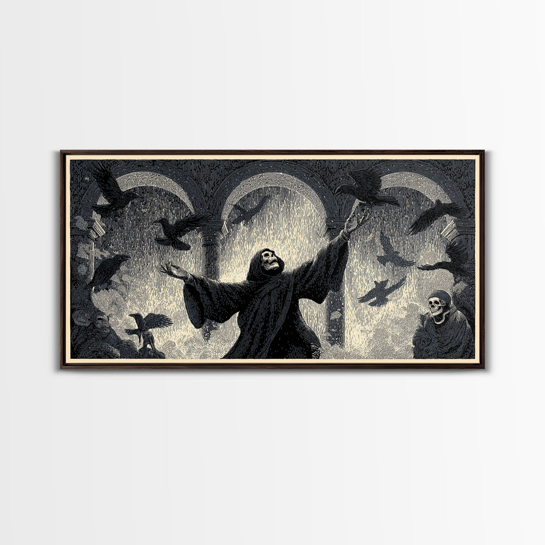 The Raven Keeper, Macabre Folk Print Art, Wide Panoramic Art, Dark Fantasy Wall Art, Canvas Print, Halloween Wall Art