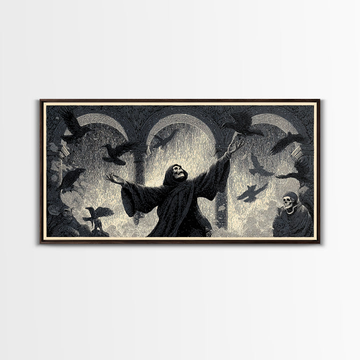 The Raven Keeper, Macabre Folk Print Art, Wide Panoramic Art, Dark Fantasy Wall Art, Canvas Print, Halloween Wall Art