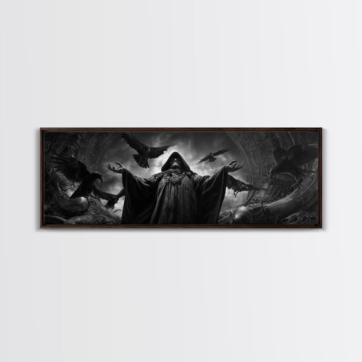 The Raven Keeper, Biomechanical Horror Art, Extra Wide Wall Art, Gothic Horror Wall Art, Canvas Print, Halloween Wall Art
