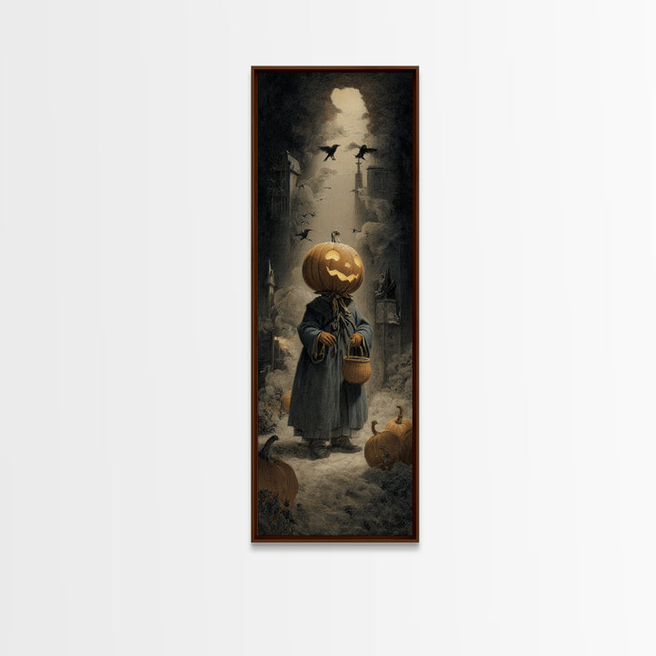 The Pumpkin-Headed Child, Gothic Engraving Art, Tall Narrow Wall Art, Gothic Horror Wall Art, Framed Canvas Print, Halloween Wall Art