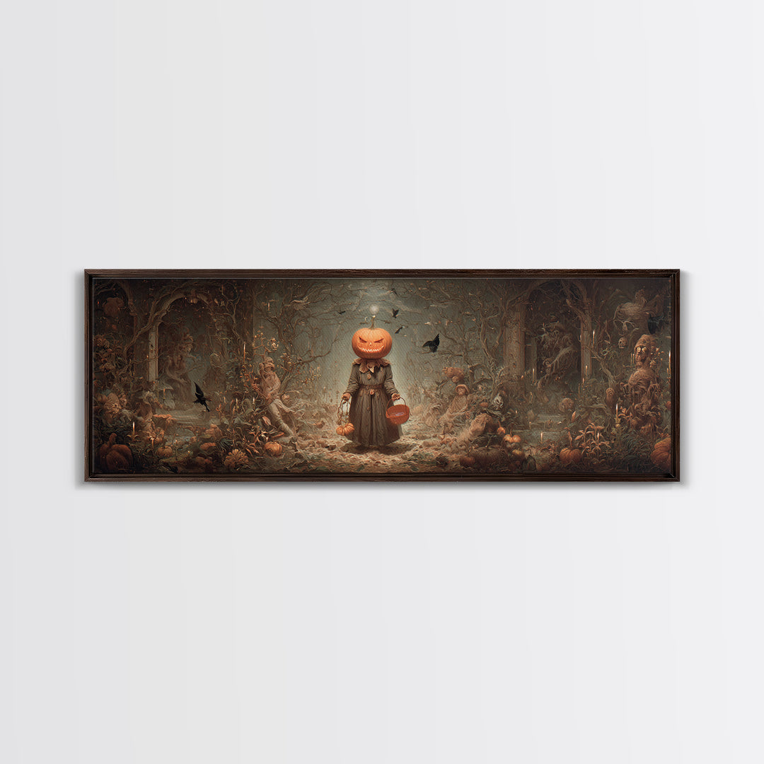 The Pumpkin-Headed Child, Medieval Grotesque Art, Extra Wide Wall Art, Macabre Wall Art, Canvas Print, Halloween Wall Art