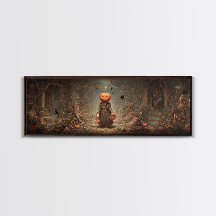 The Pumpkin-Headed Child, Medieval Grotesque Art, Extra Wide Wall Art, Macabre Wall Art, Canvas Print, Halloween Wall Art