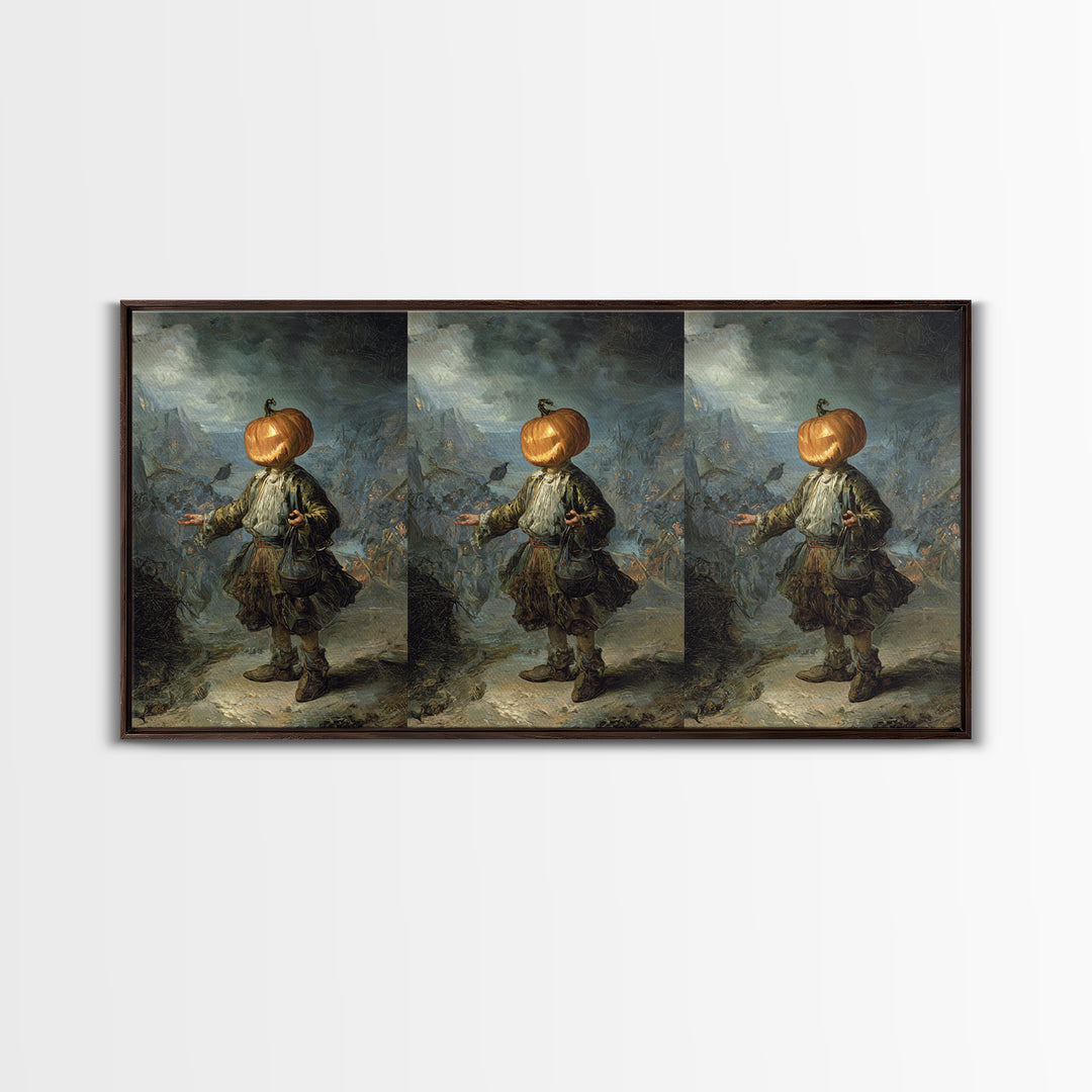 The Pumpkin-Headed Child, Northern Renaissance Horror, Wide Panoramic Art, Dark Fantasy Wall Art, Framed Canvas Print