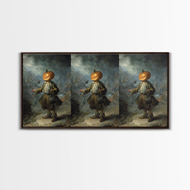 The Pumpkin-Headed Child, Northern Renaissance Horror, Wide Panoramic Art, Dark Fantasy Wall Art, Framed Canvas Print