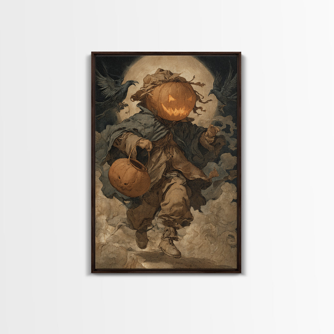 The Pumpkin-Headed Child, Dark Renaissance Art, Vertical Wall Art, Dark Fantasy Wall Art, Framed Canvas Print, Halloween Wall Art