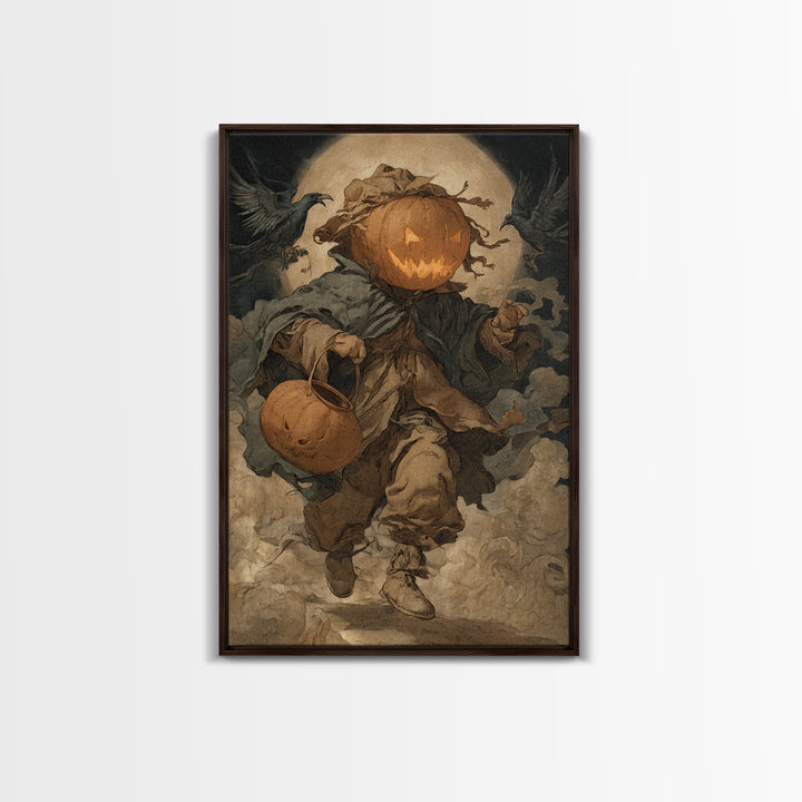 The Pumpkin-Headed Child, Dark Renaissance Art, Vertical Wall Art, Dark Fantasy Wall Art, Framed Canvas Print, Halloween Wall Art