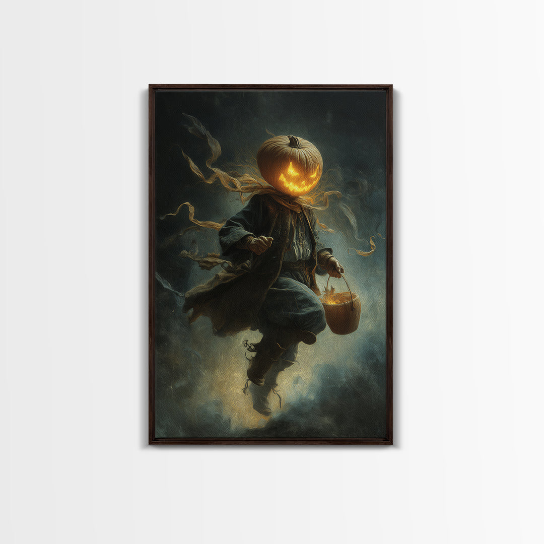 The Pumpkin-Headed Child, Visionary Gothic Art, Vertical Wall Art, Dark Fantasy Wall Art, Framed Canvas Print, Halloween Wall Art
