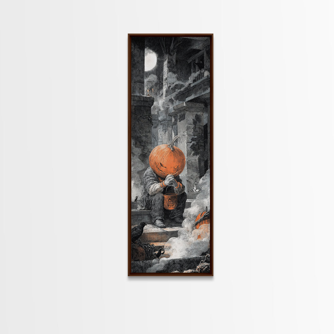 The Pumpkin-Headed Child, Architectural Etching Art, Tall Narrow Wall Art, Macabre Wall Art, Canvas Print, Halloween Wall Art
