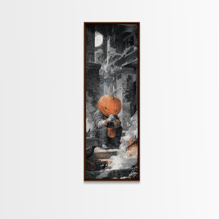 The Pumpkin-Headed Child, Architectural Etching Art, Tall Narrow Wall Art, Macabre Wall Art, Canvas Print, Halloween Wall Art