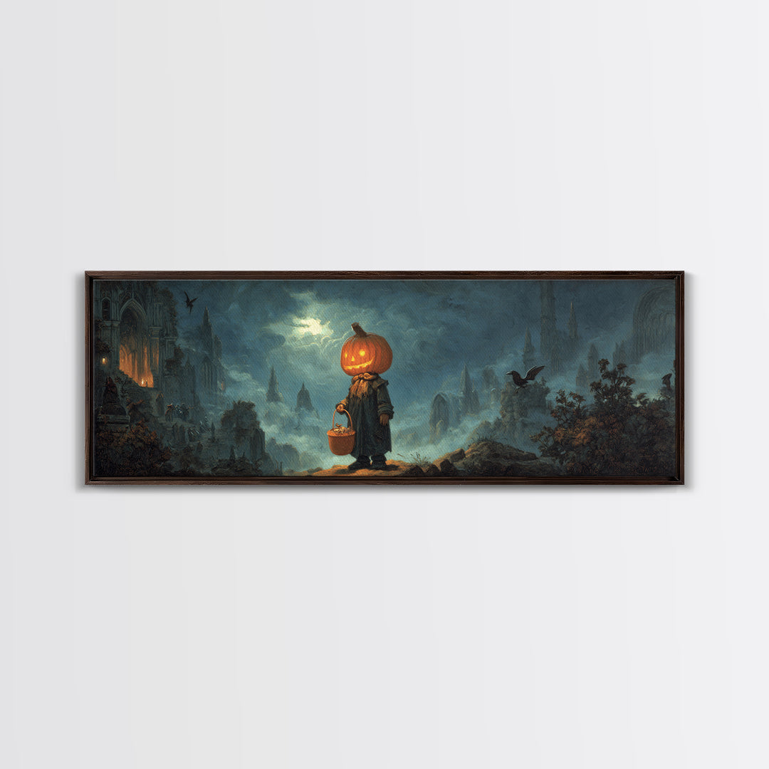 The Pumpkin-Headed Child, Apocalyptic Romantic Art, Extra Wide Wall Art, Gothic Horror Wall Art, Canvas Print, Halloween Wall Art