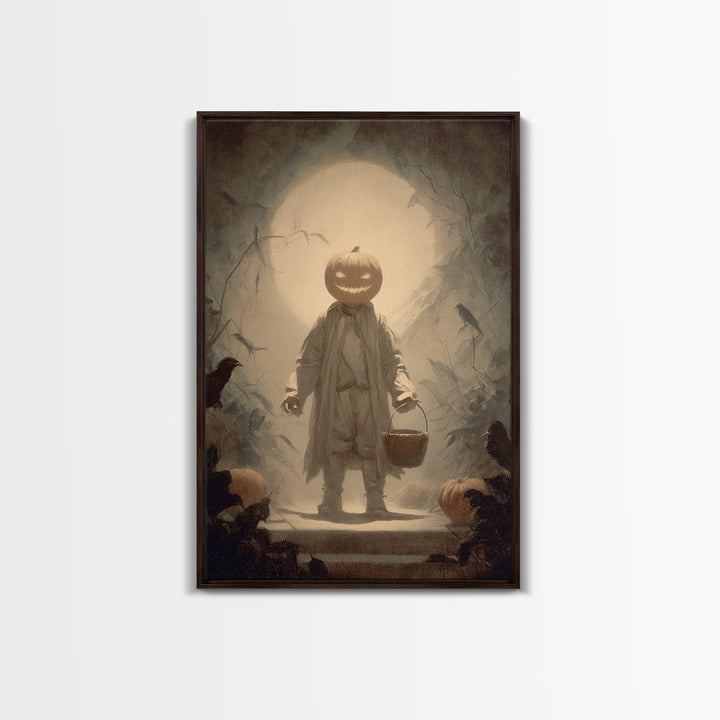 The Pumpkin-Headed Child, Symbolist Dream Art, Vertical Wall Art, Dark Fantasy Wall Art, Framed Canvas Print, Halloween Wall Art