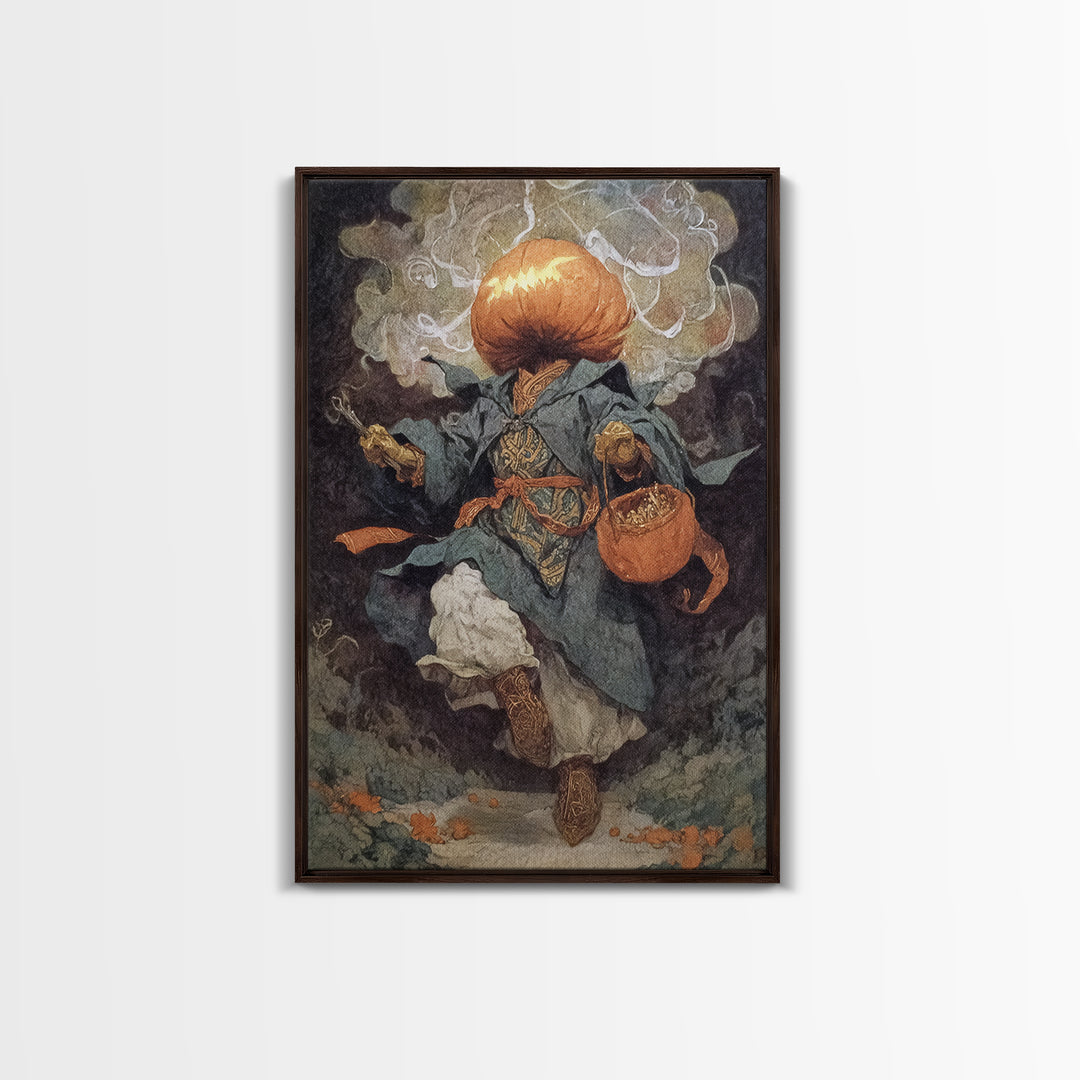 The Pumpkin-Headed Child, Ornate Symbolist Art, Vertical Wall Art, Dark Halloween Decor, Framed Canvas Print, Halloween Wall Art