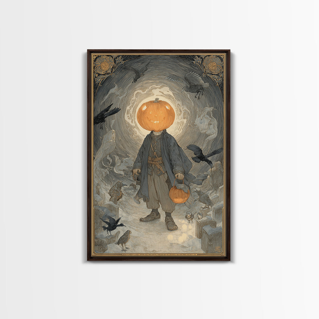 The Pumpkin-Headed Child, Symbolist Death Art, Vertical Wall Art, Dark Fantasy Wall Art, Framed Canvas Print, Halloween Wall Art