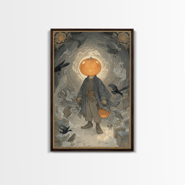 The Pumpkin-Headed Child, Symbolist Death Art, Vertical Wall Art, Dark Fantasy Wall Art, Framed Canvas Print, Halloween Wall Art