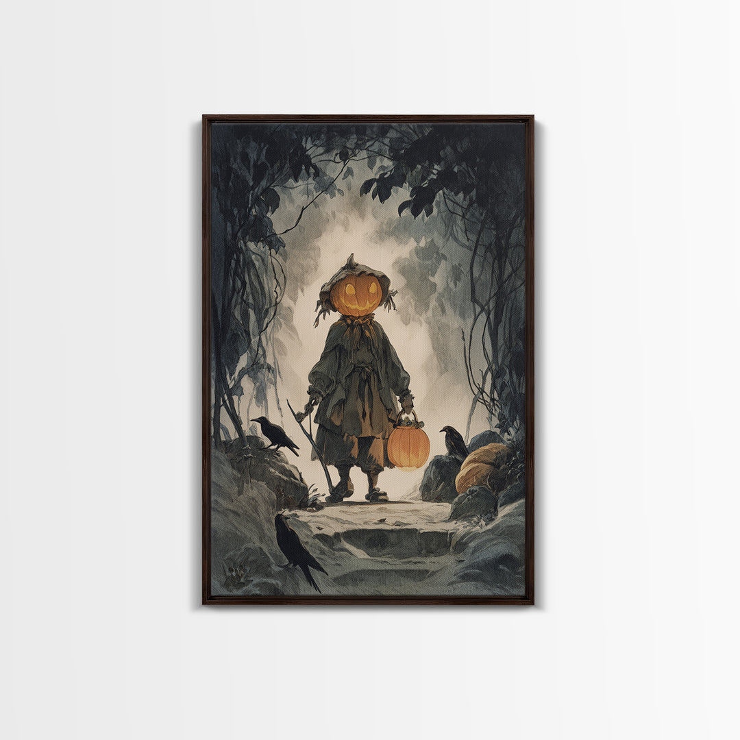 The Pumpkin-Headed Child, Symbolist Etching Art, Vertical Wall Art, Gothic Horror Wall Art, Canvas Print, Halloween Wall Art