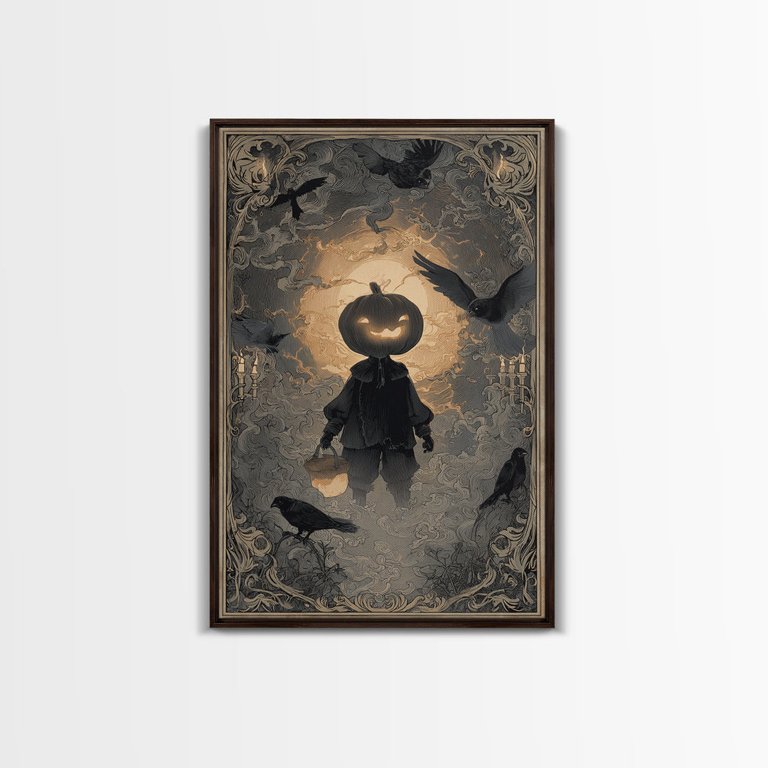 The Pumpkin-Headed Child, Decadent Line Art, Vertical Wall Art, Dark Halloween Decor, Canvas Print, Halloween Wall Art