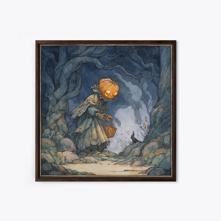 The Pumpkin-Headed Child, Gothic Storybook Art, Square Wall Art, Dark Fantasy Wall Art, Framed Canvas Print, Halloween Wall Art