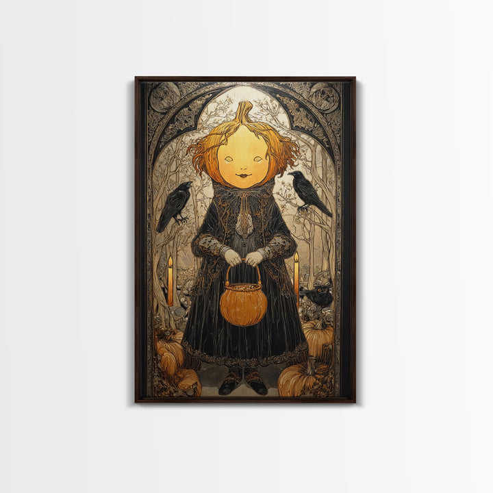 The Pumpkin-Headed Child, Stained Glass Gothic Art, Vertical Wall Art, Dark Fantasy Wall Art, Framed Canvas Print, Halloween Wall Art