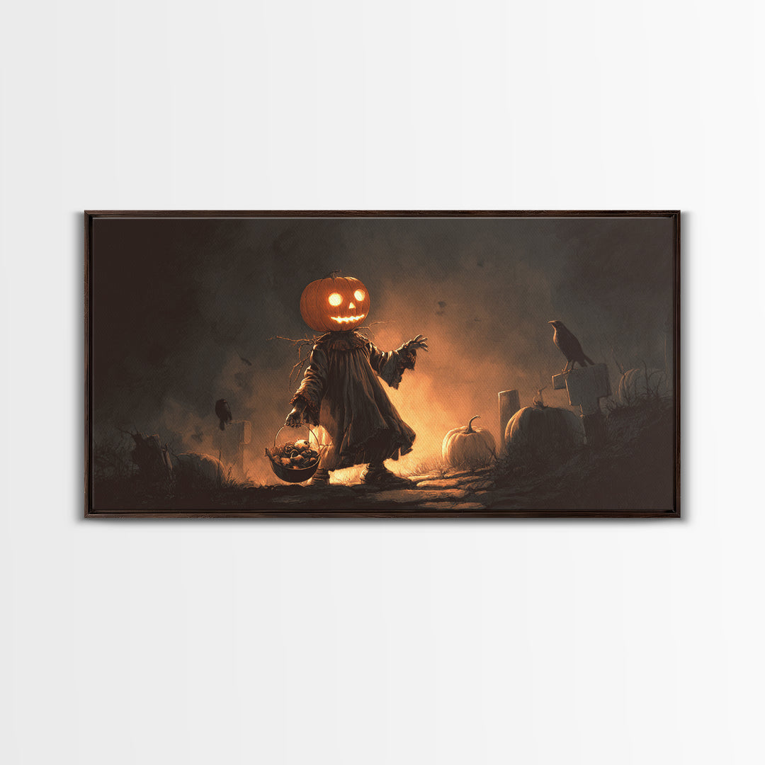 The Pumpkin-Headed Child, Macabre Folk Print Art, Wide Panoramic Art, Dark Halloween Decor, Canvas Print, Halloween Wall Art
