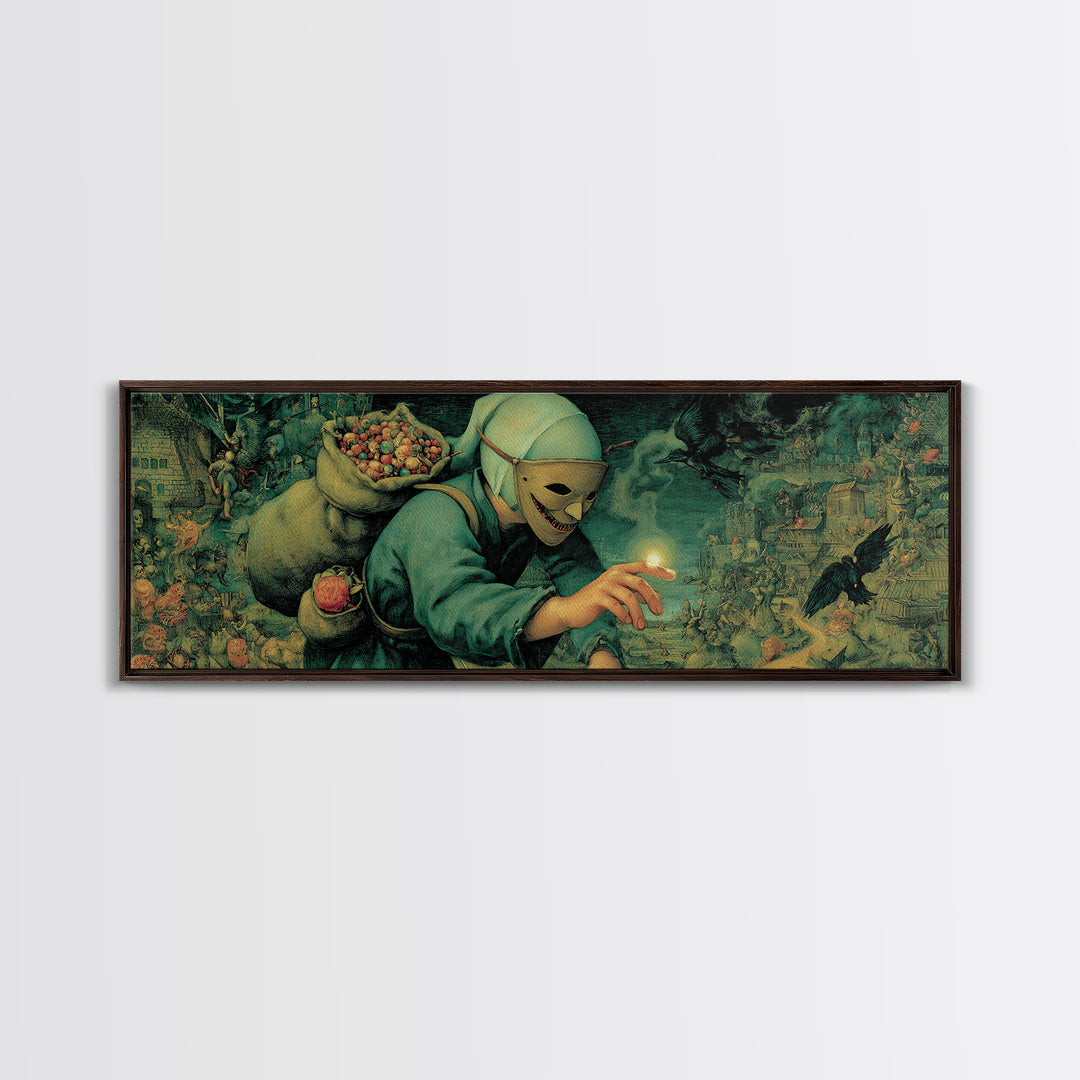 The Masked Candy Collector, Medieval Grotesque Art, Extra Wide Wall Art, Dark Fantasy Wall Art, Framed Canvas Print