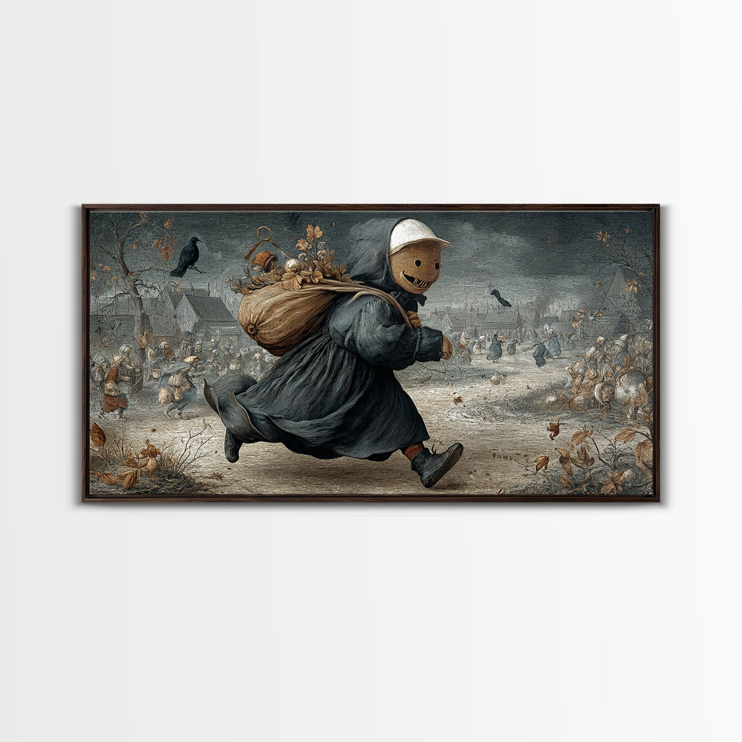 The Masked Candy Collector, Northern Renaissance Horror, Wide Panoramic Art, Gothic Horror Wall Art, Framed Canvas Print