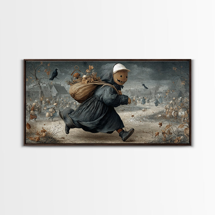The Masked Candy Collector, Northern Renaissance Horror, Wide Panoramic Art, Gothic Horror Wall Art, Framed Canvas Print